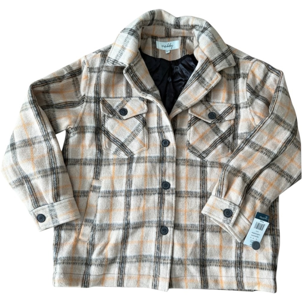 Sebby Plaid Shacket Womens Large Beige Black Orange Button Front Wool Blend NWT